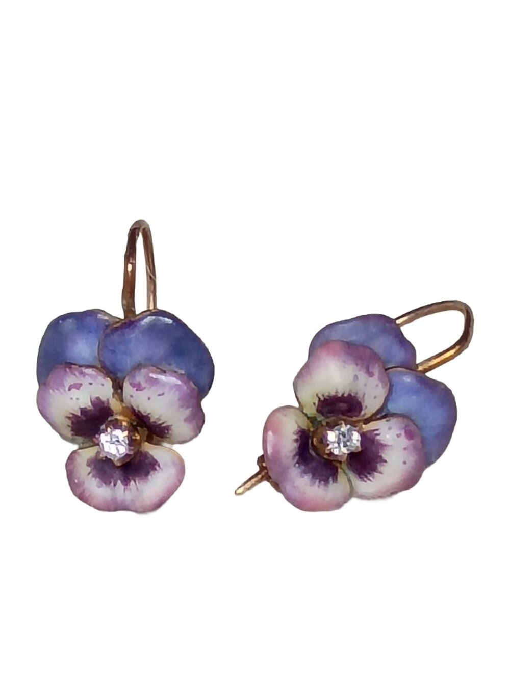 Art Nouveau Diamond Enamel 14 Karat Yellow Gold Pansy Antique Earrings